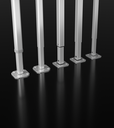 Five aluminum canopy tent leg profiles set on a black background to show Mastertent and Ecotent construction details.